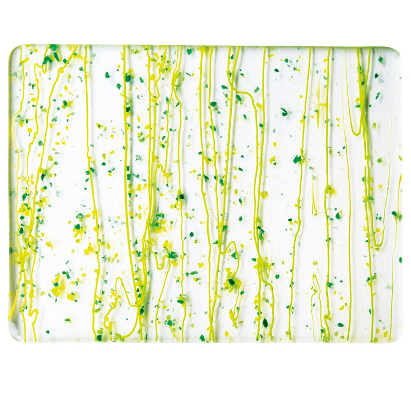 Dark Green, Spring Green, and Yellow Frit, Spring Green Streamers Clear Base Collage Bullseye Sheet 4212 3MM