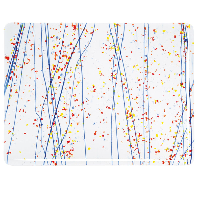 Yellow Blue and Red Frit, Blue Streamers Clear Base Collage Bullseye Sheet 4223 3MM