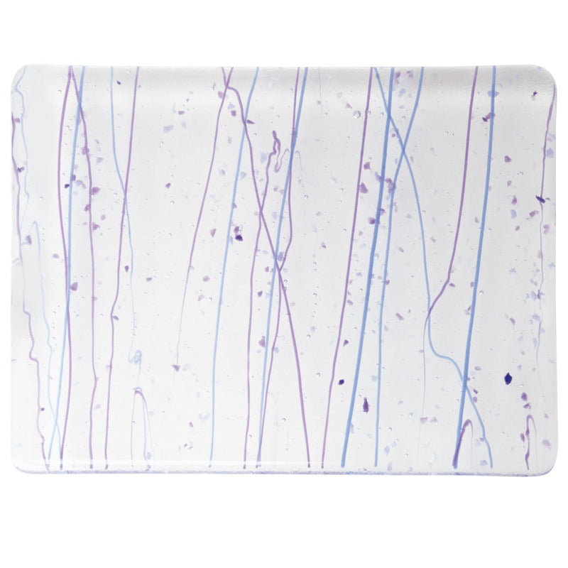 Neo-Lavender and Purple Frit, Cobalt Blue and Purple Streamers Clear Base Collage Bullseye Sheet 4242 3mm Full Sheet