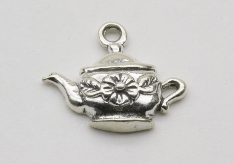 Kettle with Flower Dangle Charm Sterling Silver