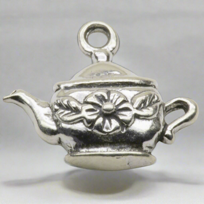 Kettle with Flower Dangle Charm Sterling Silver