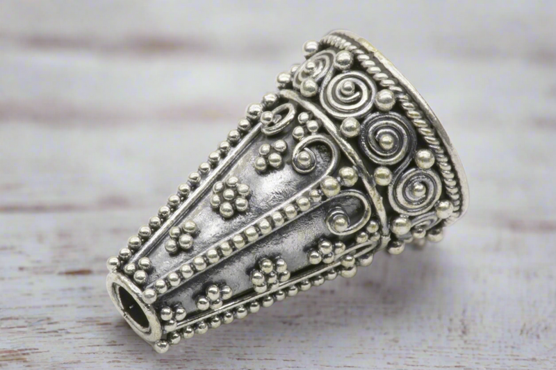 Luxuriously Detailed Large Cone Bead Charm Sterling Silver