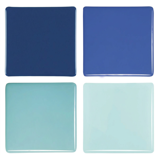 Four blue opaque glass Studio Squares on a white background