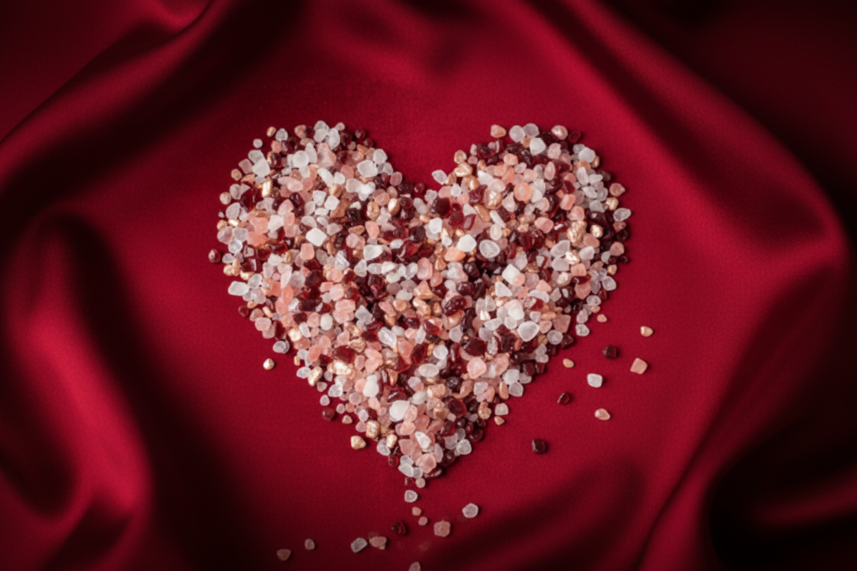 Glass frit heart on bright red silk background