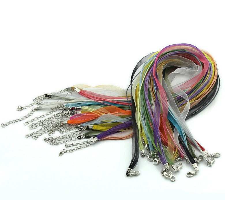 Jewelry Making Necklace Cord, with 2 Threads Waxed Cord, Organza Ribbon and Iron Findings