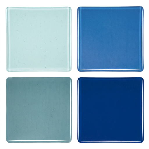Light Aquamarine, Caribbean Blue, Sea Blue and Midnight Blue transparent glass squares