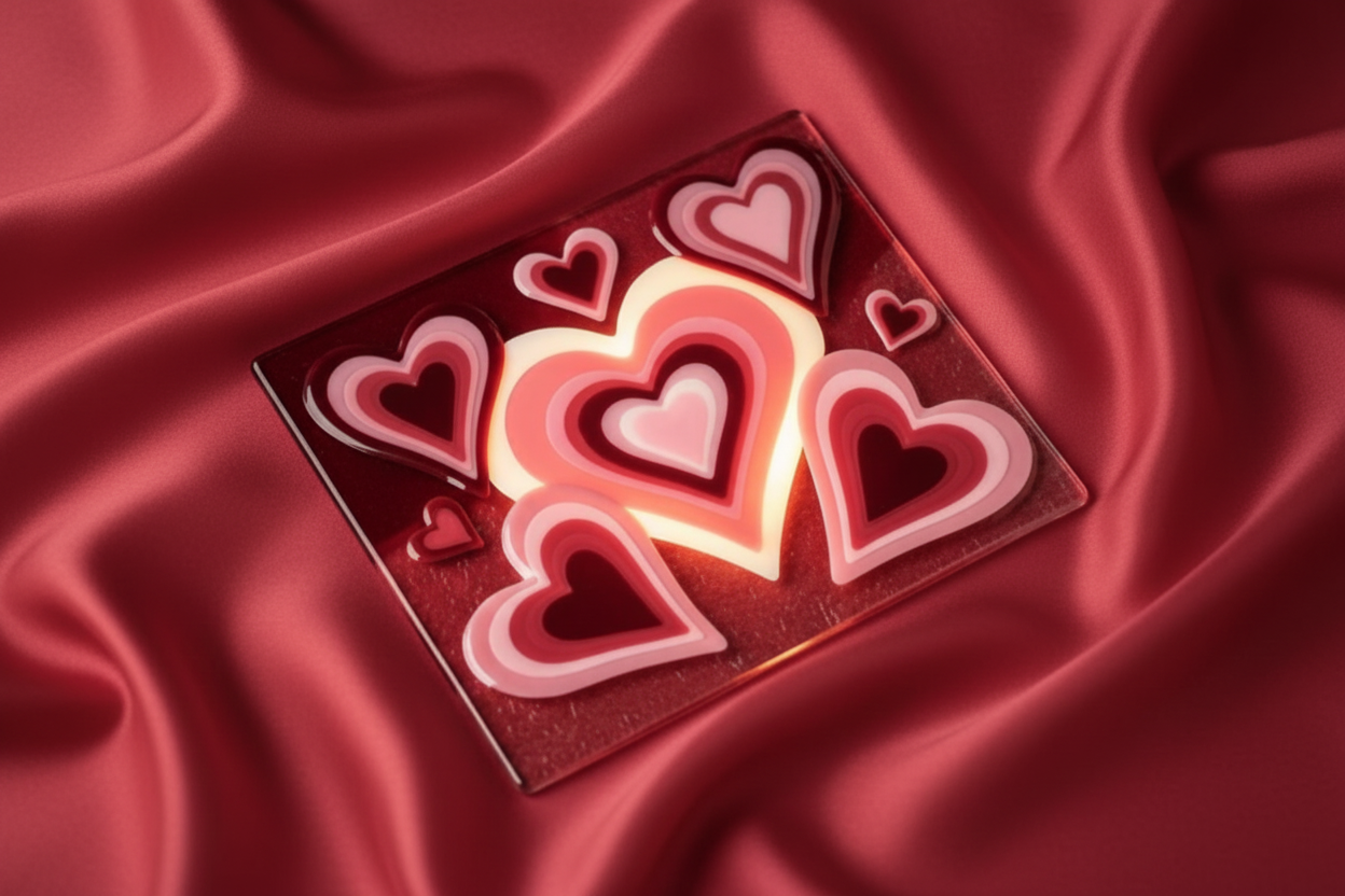 Neon hearts on larger glass with silk background